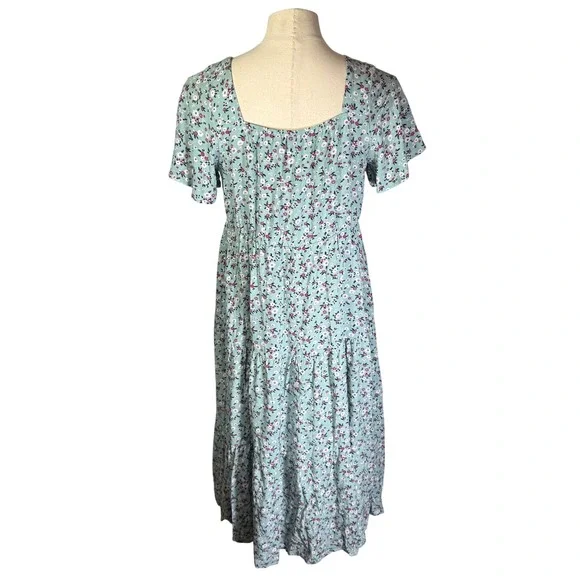 NWT BloomChic Floral Tiered Midi Dress Light Blue Pink Square Neck Pockets US 12 - Picture 2 of 12